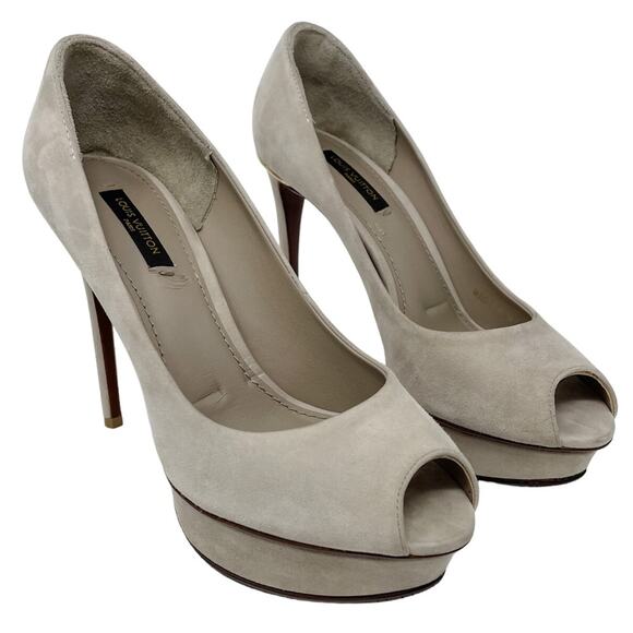 Louis Vuitton Eyeline neutral suede peep toe platform pumps size 37 US6.5 - Picture 2 of 14